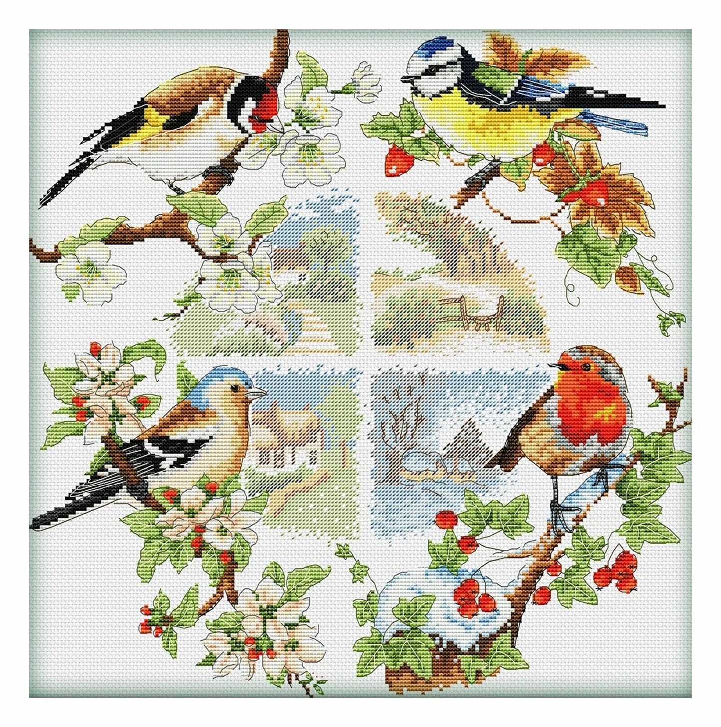 Seasons Cross Stitch Pattern Birds Colorful Art DIY X-stitch Needlepoint Pattern Embroidery Chart Printable Instant Download PDF Design