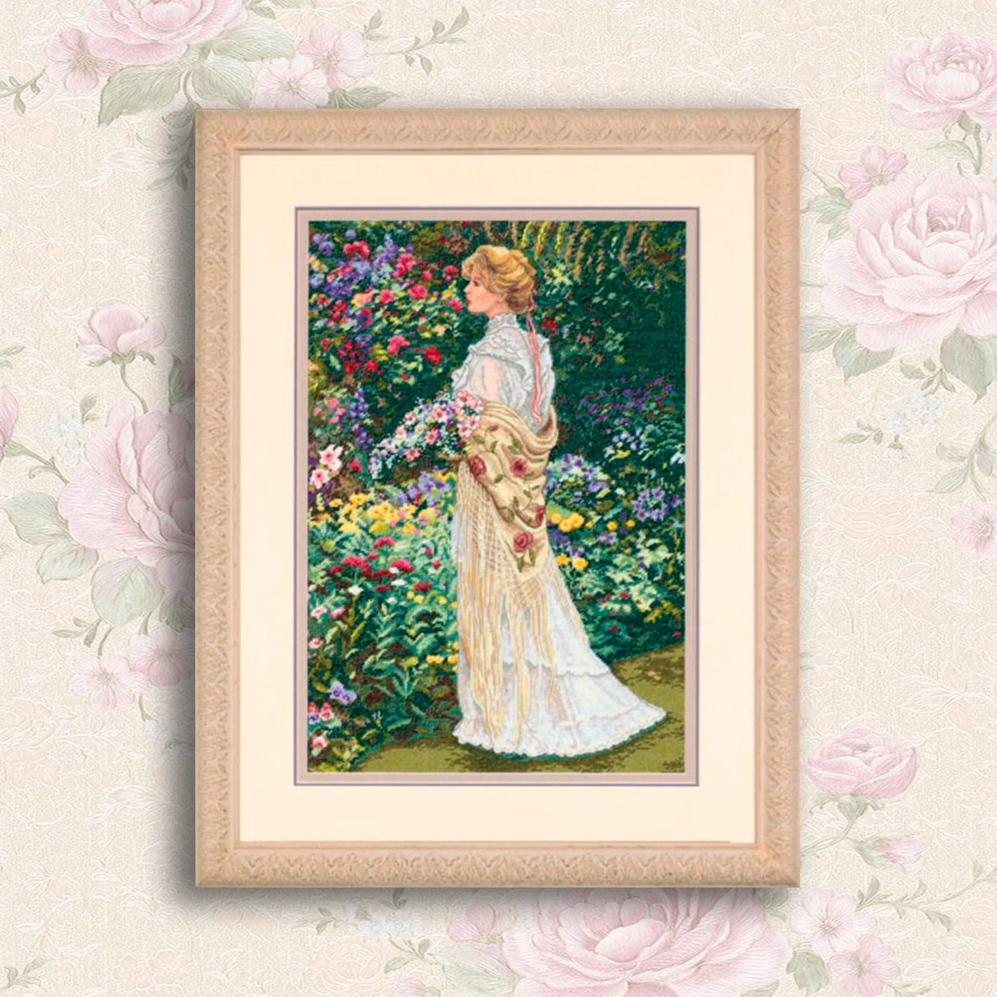 Victorian Lady Cross Stitch Pattern Digital Pattern Modern Wall Decor Flowers Pattern Woman in Garden Hand Embroidery Needlepoint chart PDF
