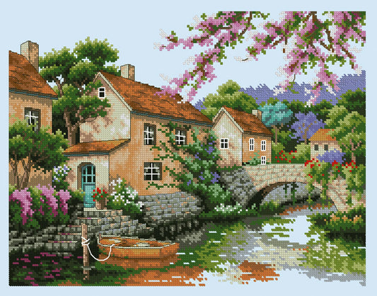 Village Houses Cross Stitch Pattern Colorful Art DIY X-stitch Needlepoint Pattern Embroidery Chart Printable Instant Download PDF Design