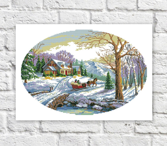 Winter Houses Cross Stitch Pattern Colorful Art DIY X-stitch Needlepoint Pattern Embroidery Chart Printable Instant Download PDF Design