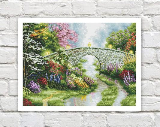 Garden Landscape Cross Stitch Pattern Colorful Art DIY X-stitch Needlepoint Pattern Embroidery Chart Printable Instant Download PDF Design