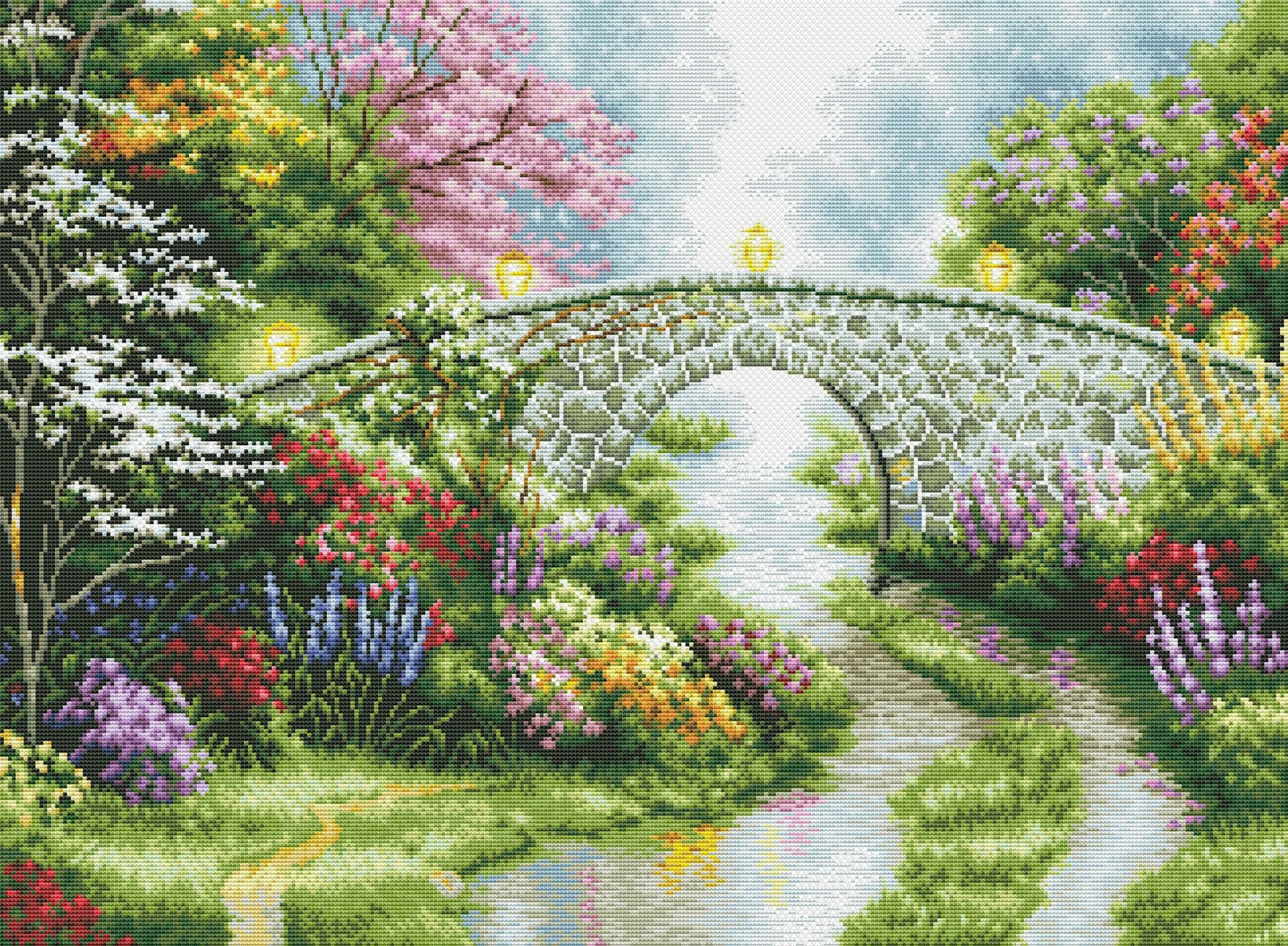 Garden Landscape Cross Stitch Pattern Colorful Art DIY X-stitch Needlepoint Pattern Embroidery Chart Printable Instant Download PDF Design