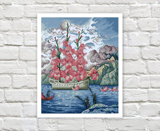 Ship Cross Stitch Pattern Landscape Cross Stitch Mountain Counted PDF X-stitch Chart Needlepoint Embroidery Instant Download