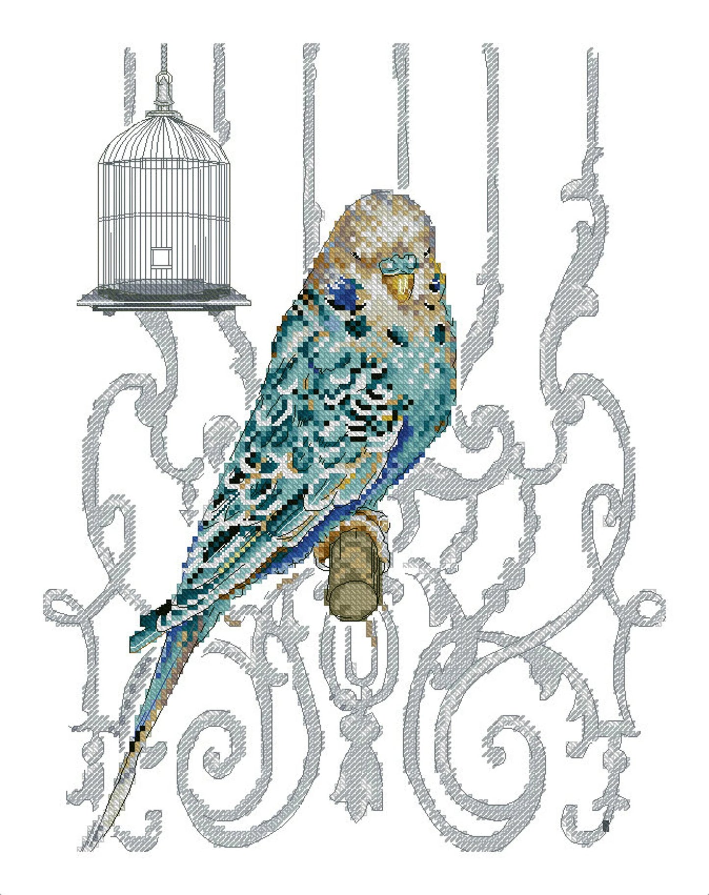 Parrot Cross Stitch Pattern Blue Budgie Cross Stitch Bird Counted PDF X-stitch Chart Needlepoint Embroidery Instant Download