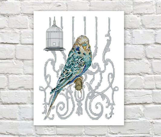 Parrot Cross Stitch Pattern Blue Budgie Cross Stitch Bird Counted PDF X-stitch Chart Needlepoint Embroidery Instant Download