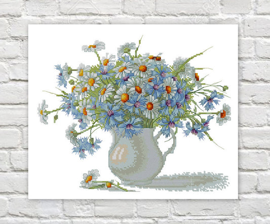 Chamomiles Cross Stitch Pattern, Wildflowers Cross Stitch, Counted Bouquet of Daisies PDF Chart Needlepoint Embroidery Instant Download