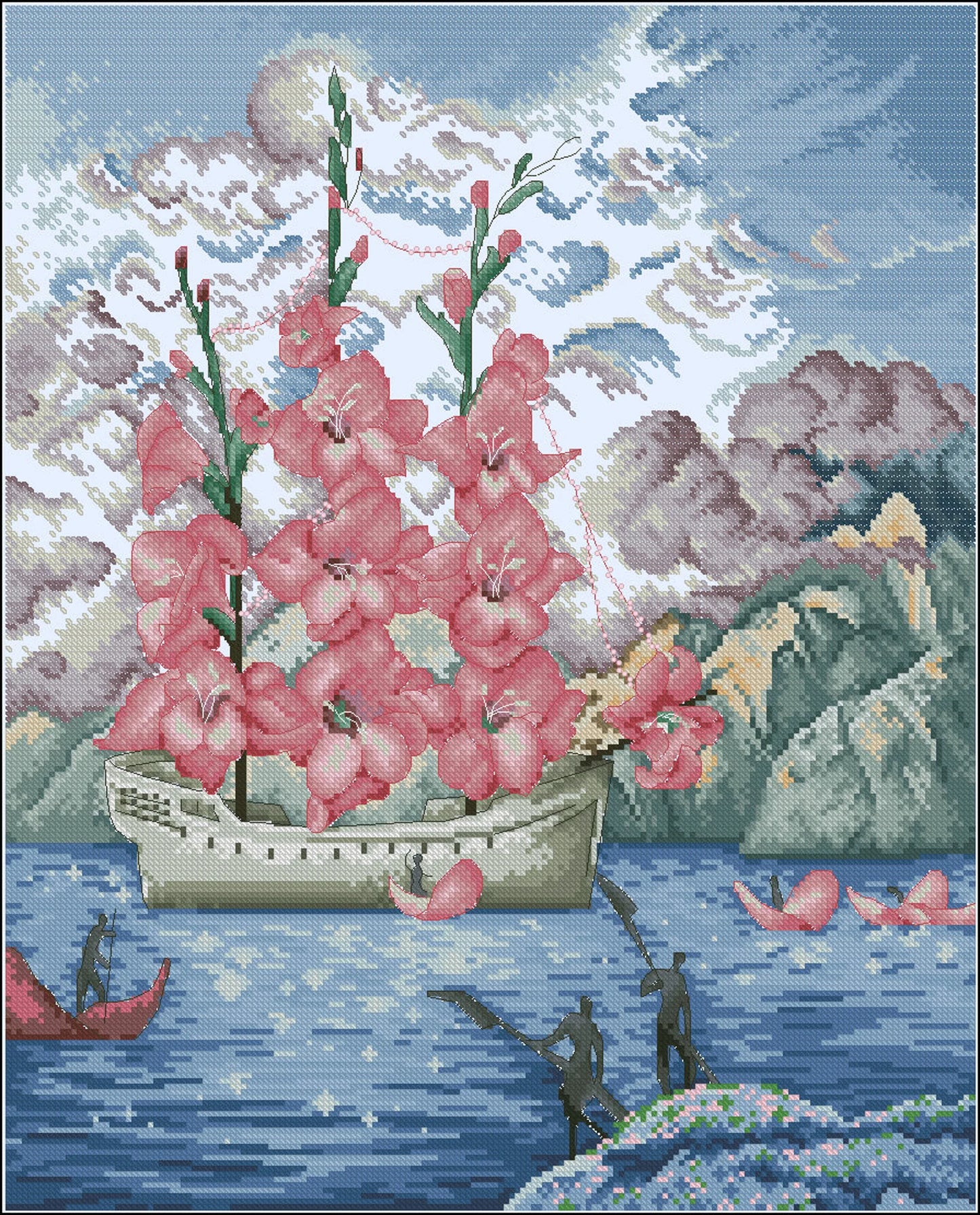 Ship Cross Stitch Pattern Landscape Cross Stitch Mountain Counted PDF X-stitch Chart Needlepoint Embroidery Instant Download