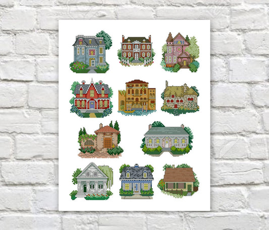 Small Houses Cross Stitch Pattern Cottage Cross Stitch Set of 3 Counted PDF Chart Needlepoint Embroidery Download