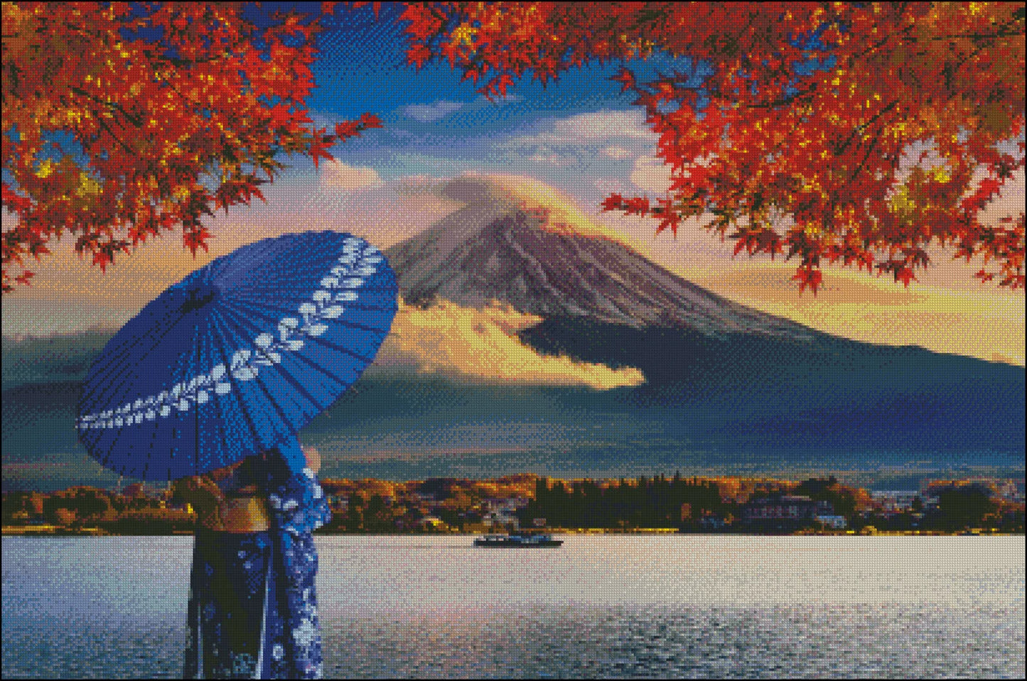 Geisha Cross Stitch Pattern , Instant Download , Digital File , Mount Fuji , Autumnal Forest, Japanese X Stitch Chart