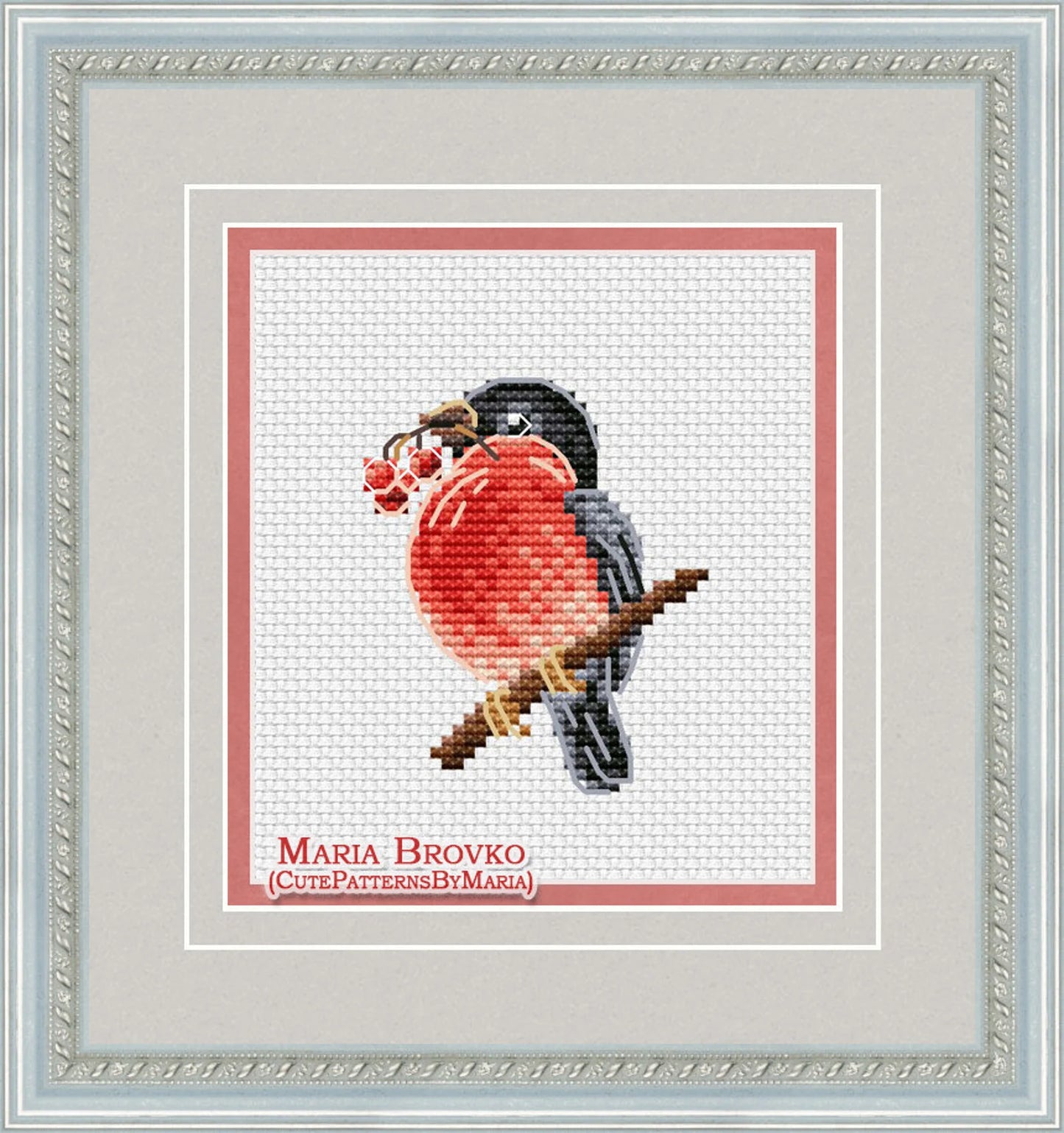 Cross Stitch Pattern Little bullfinch with berries DMC Chart Embroidery Chart Printable PDF Instant Download