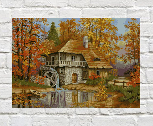Autumn Landscape Cross Stitch Pattern Autumn Houses Counted PDF X-stitch Chart Needlepoint Embroidery Instant Download