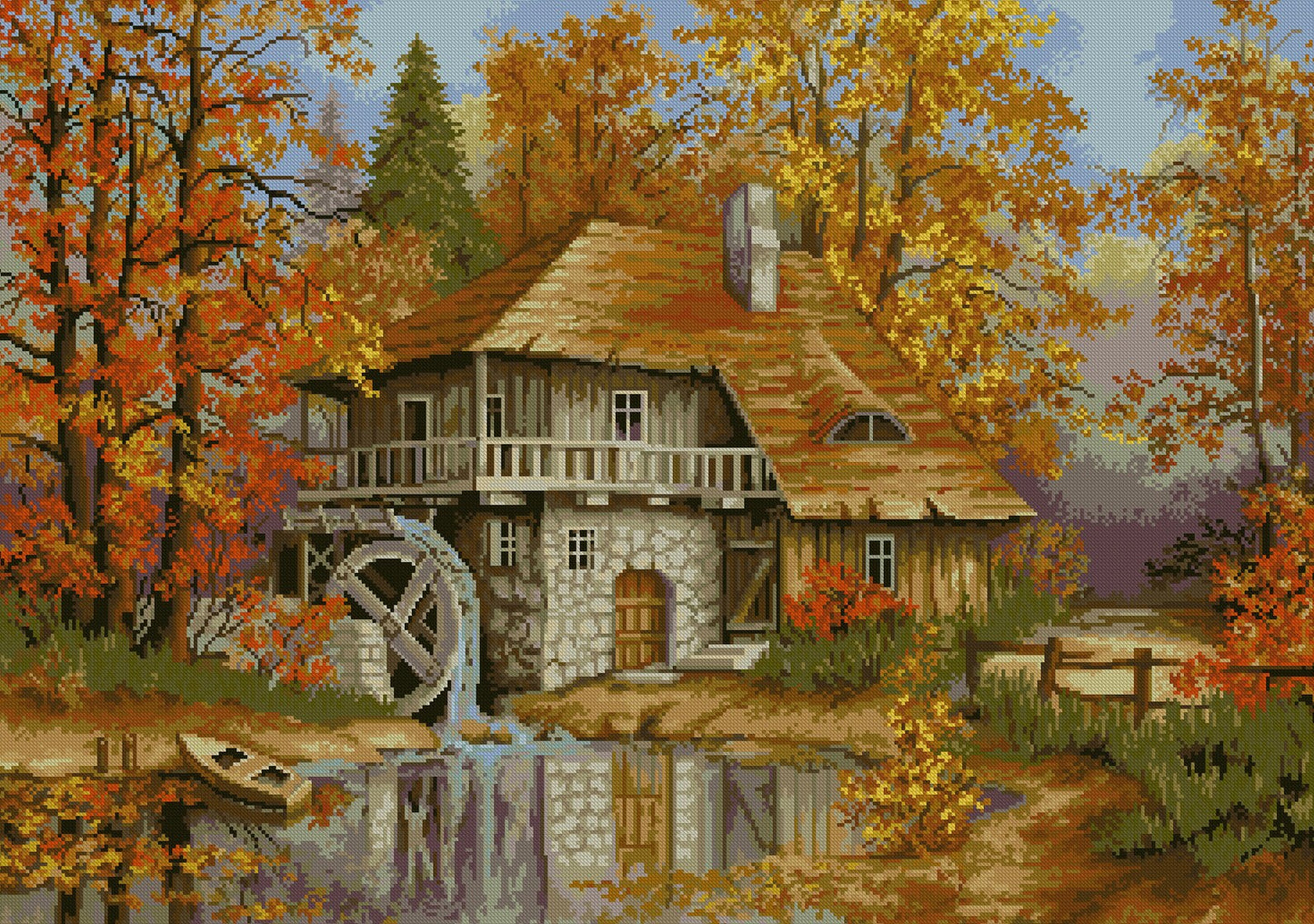 Autumn Landscape Cross Stitch Pattern Autumn Houses Counted PDF X-stitch Chart Needlepoint Embroidery Instant Download