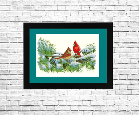 Winter Cardinals, Counted Cross stitch chart Nature pattern, Winter Landscape, Animals Needlepoint Chart, Modern decor, Instant Download PDF