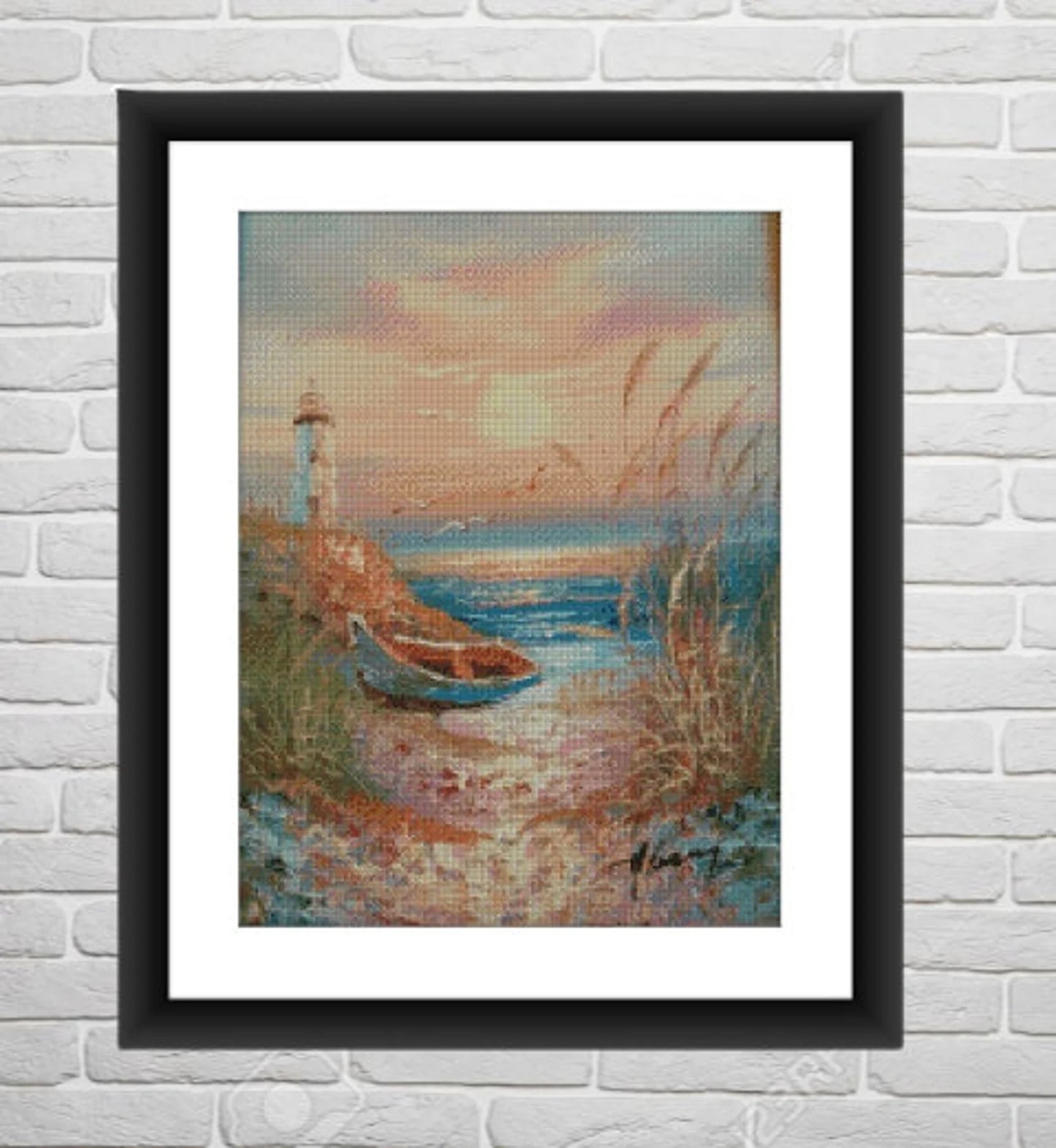 Watercolor Lighthouse PDF Counted cross stitch pattern Landscape Digital cross stitch chart seascape lighthouse PDF cross stitch pattern