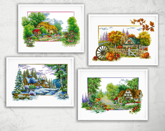Set of 4 landcape cross stitch patterns, counted cross stitch chart Nature forest floral embroidery cross stitch Wall decor Digital file PDF