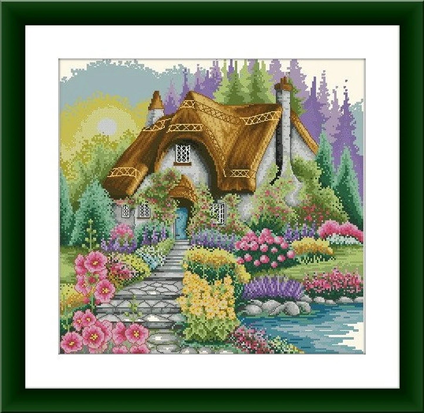 Lakeside cottage Counted cross stitch pattern landscape Digital cross stitch chart xstitch pattern woodland instant download needlepoint