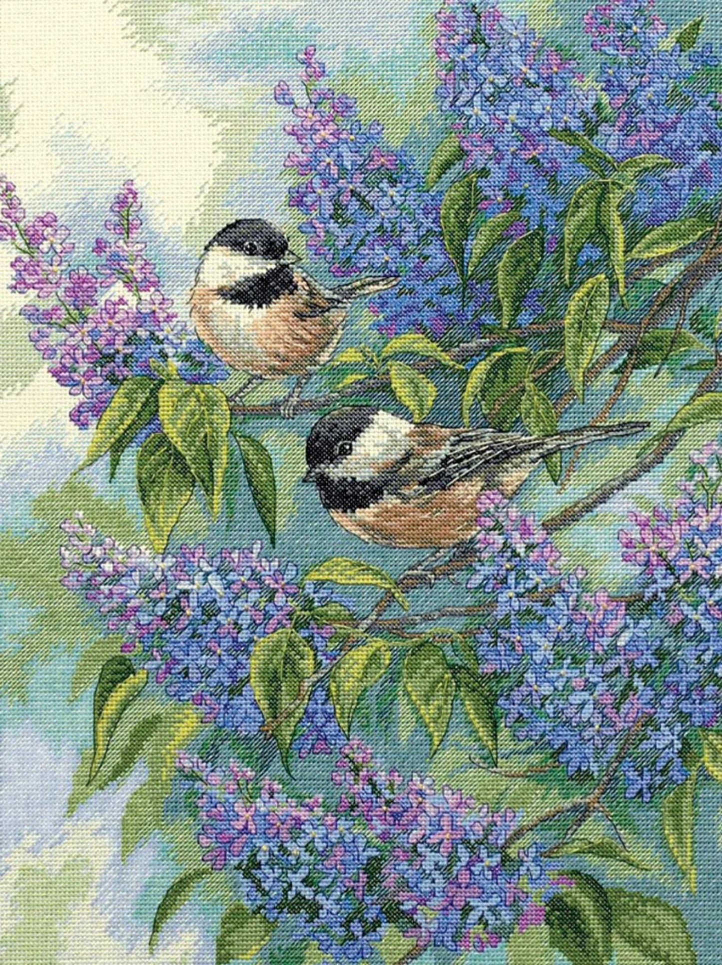 Chickadees and Lilacs Cross Stitch Pattern
