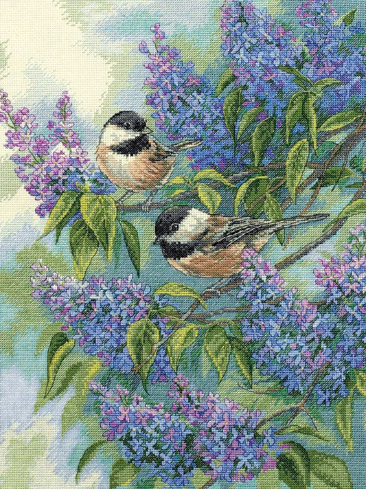 Chickadees and Lilacs Cross Stitch Pattern