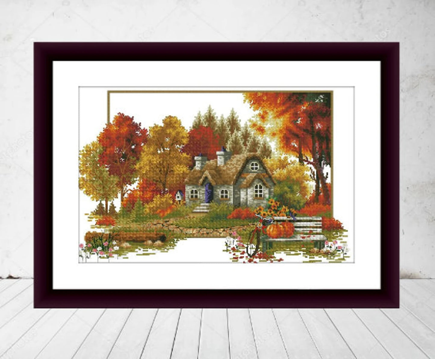 Autumn cottage Counted cross stitch pdf pattern village cottage Digital cross stitch chart fall cross stitch pattern instant download