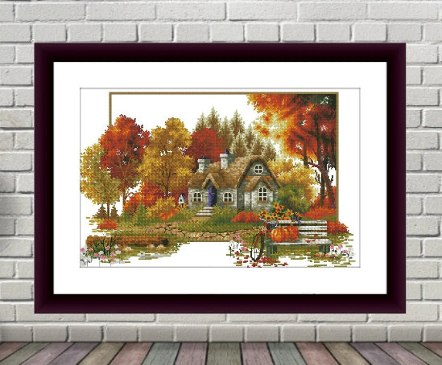 Autumn cottage Counted cross stitch pdf pattern village cottage Digital cross stitch chart fall cross stitch pattern instant download