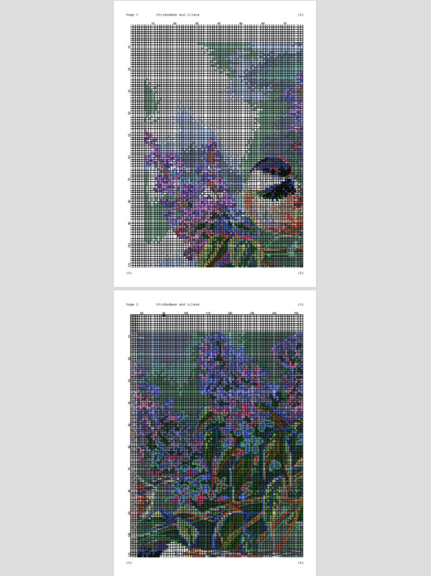 Chickadees and Lilacs Cross Stitch Pattern