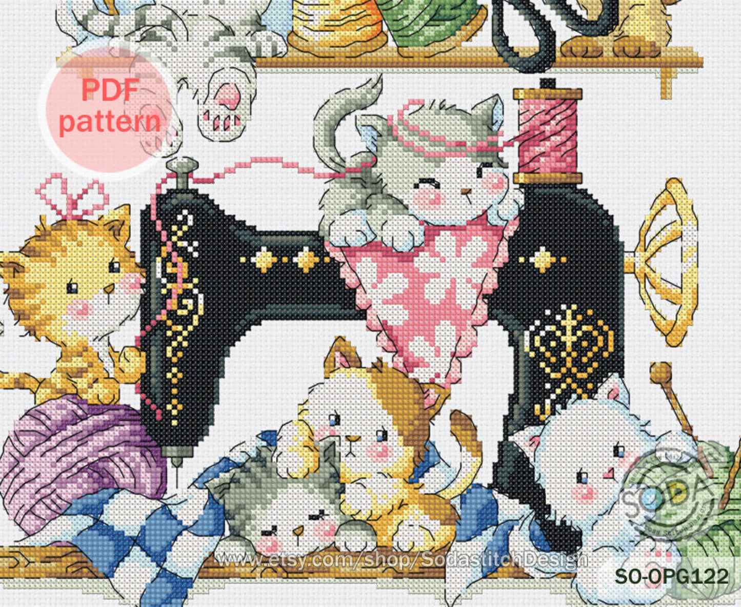 Cross Stitch Pattern pdf Kitten Cat Kitty Cute Animal Modern Instant pdf Download Counted,SO-OPG122 'Sewing Cats'