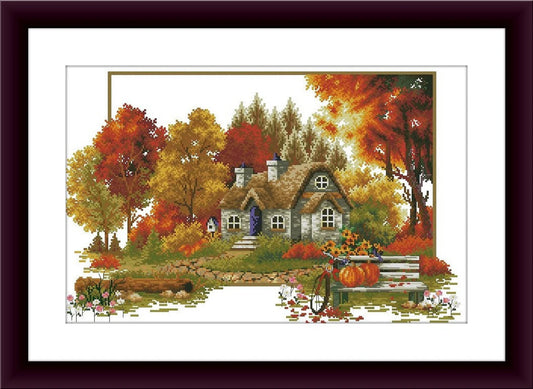 Autumn cottage Counted cross stitch pdf pattern village cottage Digital cross stitch chart fall cross stitch pattern instant download