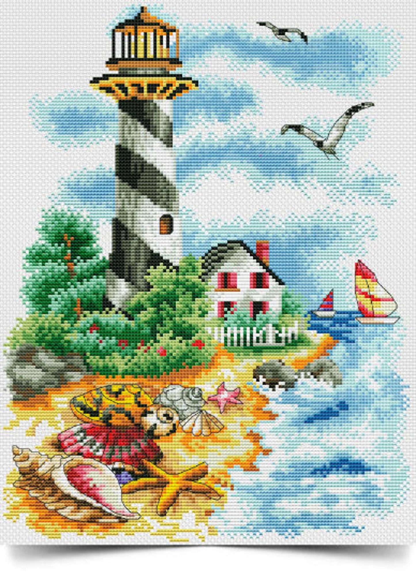 Cross Stitch Pattern - Lighthouse with Sea Treasures -Counted Cross Stitch Design/Instant Digital Download/PDF Files
