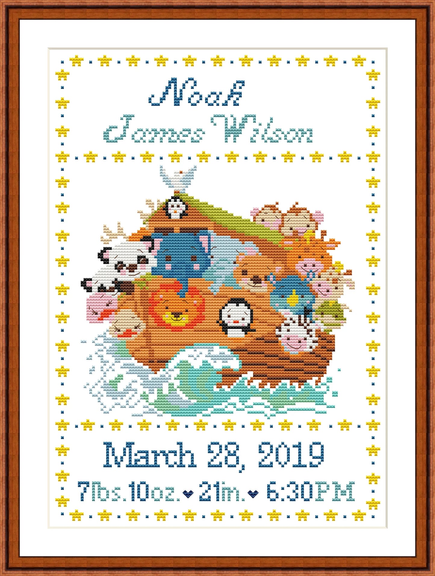 Birth announcement cross stitch pattern, Noah's Ark baby announcement cross stitch