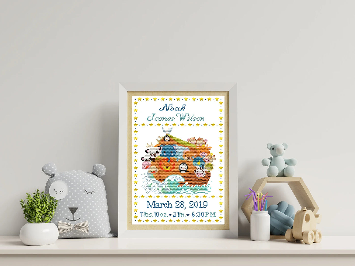 Birth announcement cross stitch pattern, Noah's Ark baby announcement cross stitch