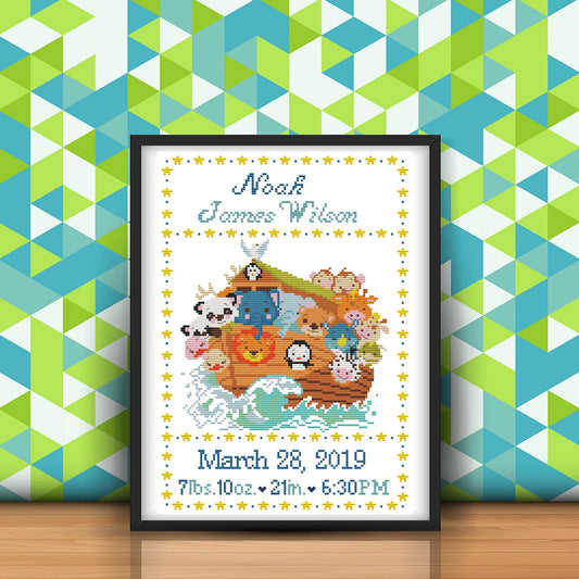 Birth announcement cross stitch pattern, Noah's Ark baby announcement cross stitch