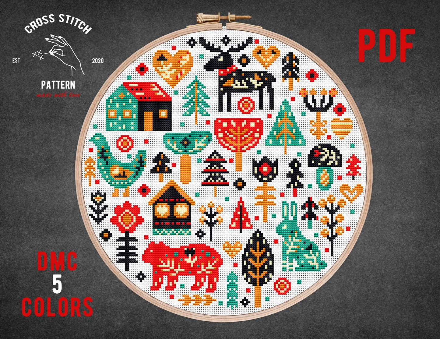 SET OF 5 Scandinavian cross stitch pattern Nordic cross stitch Advent calendar embroidery Christmas ornament Folk theme Holiday home decor