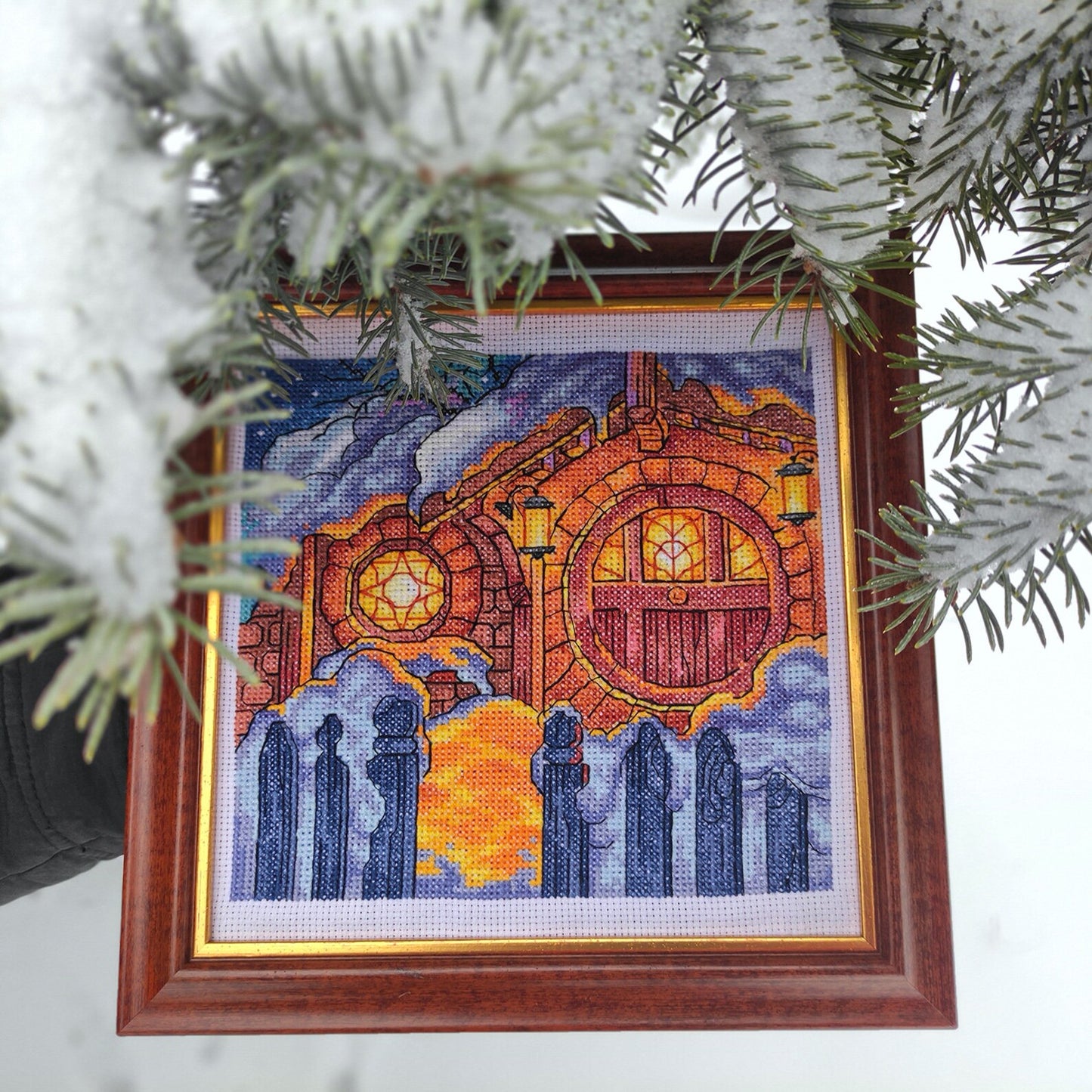 Cross Stitch Pattern "Halfling's house in winter night" DMC Needlepoint Pattern Embroidery Chart Printable PDF Instant Download