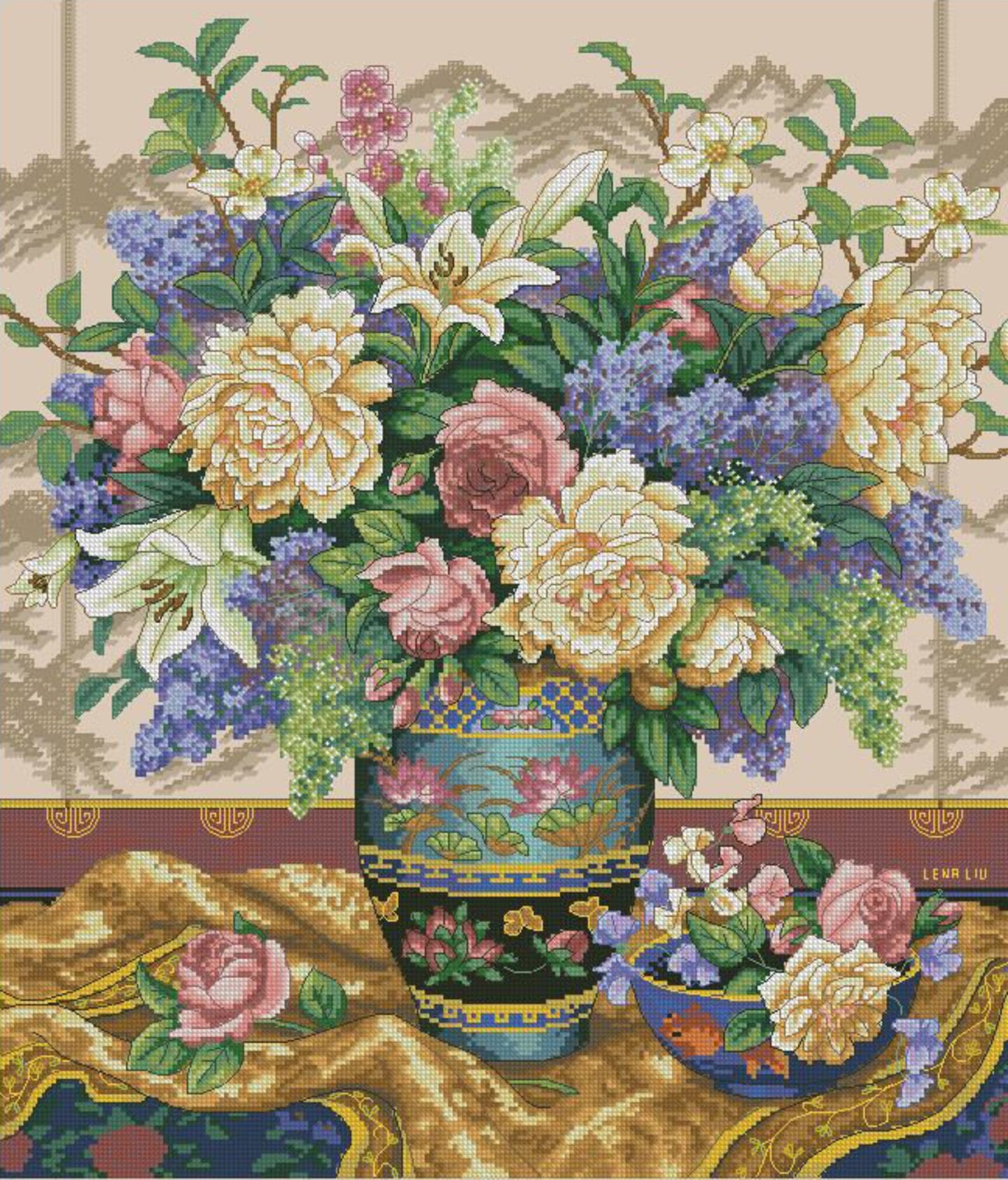 Cross Stitch Pattern Oriental Splendor PDF Digital Pattern Wild Flowers Pattern Bouquet Oriental vase Embroidery Needlepoint Chart Download