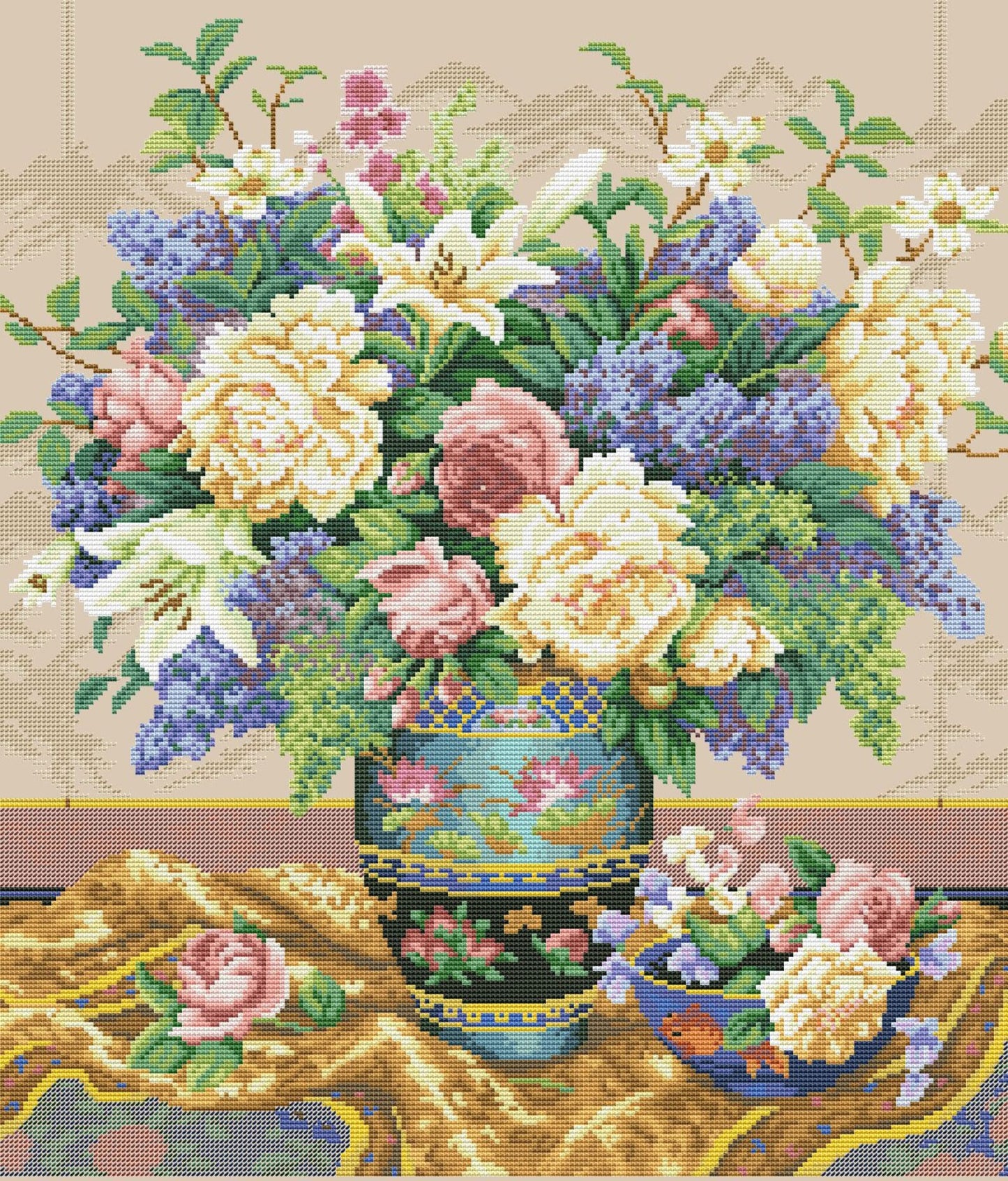 Cross Stitch Pattern Oriental Splendor PDF Digital Pattern Wild Flowers Pattern Bouquet Oriental vase Embroidery Needlepoint Chart Download