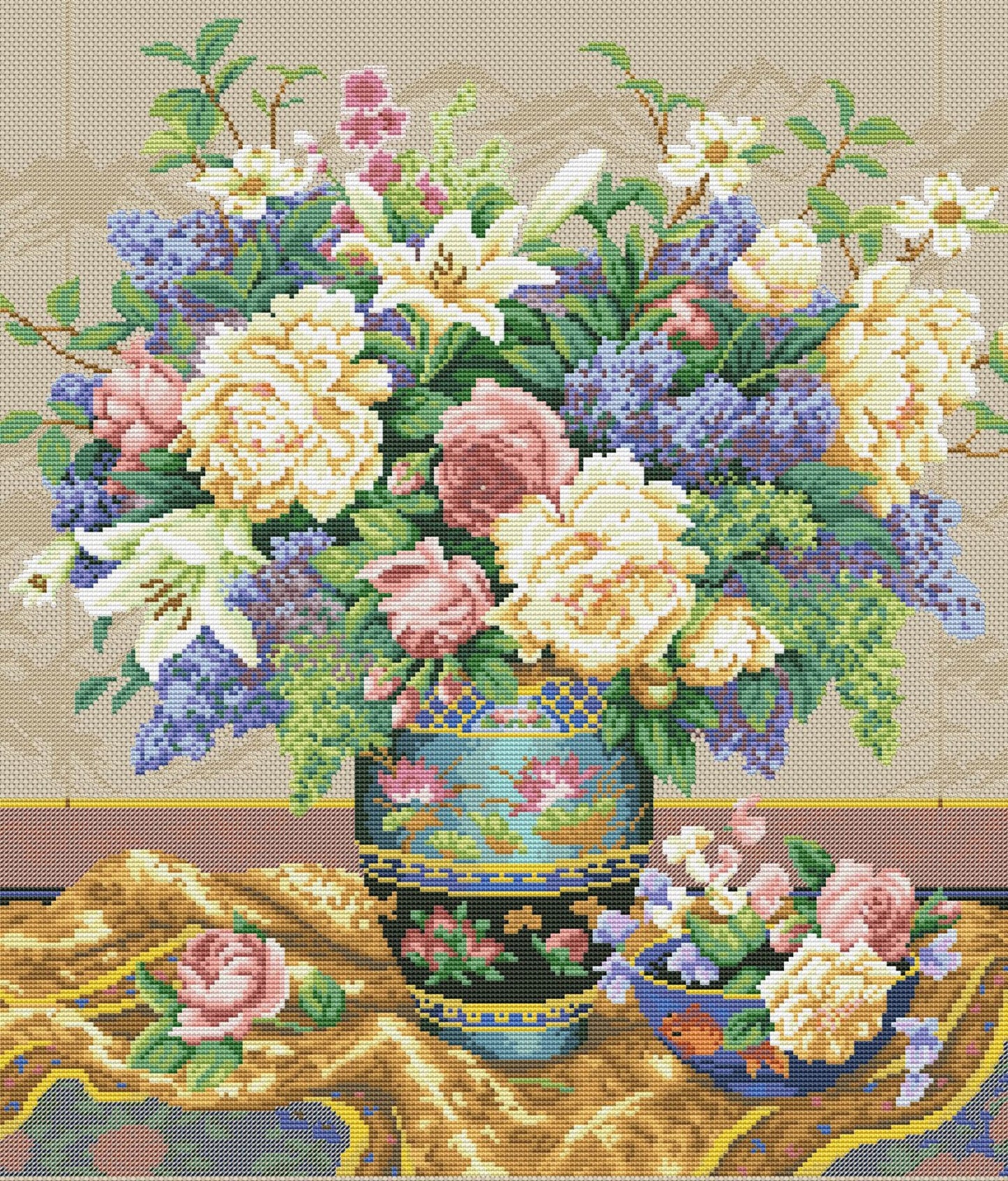 Cross Stitch Pattern Oriental Splendor PDF Digital Pattern Wild Flowers Pattern Bouquet Oriental vase Embroidery Needlepoint Chart Download