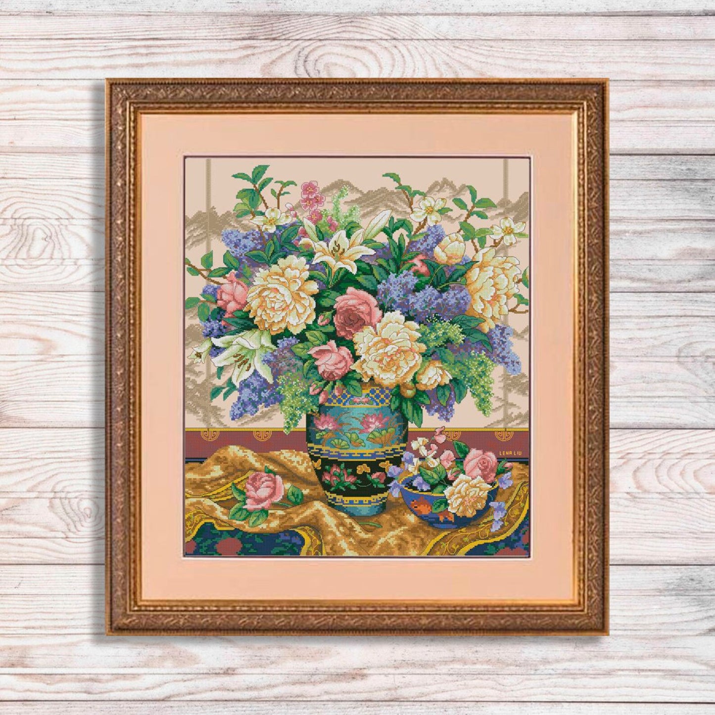 Cross Stitch Pattern Oriental Splendor PDF Digital Pattern Wild Flowers Pattern Bouquet Oriental vase Embroidery Needlepoint Chart Download