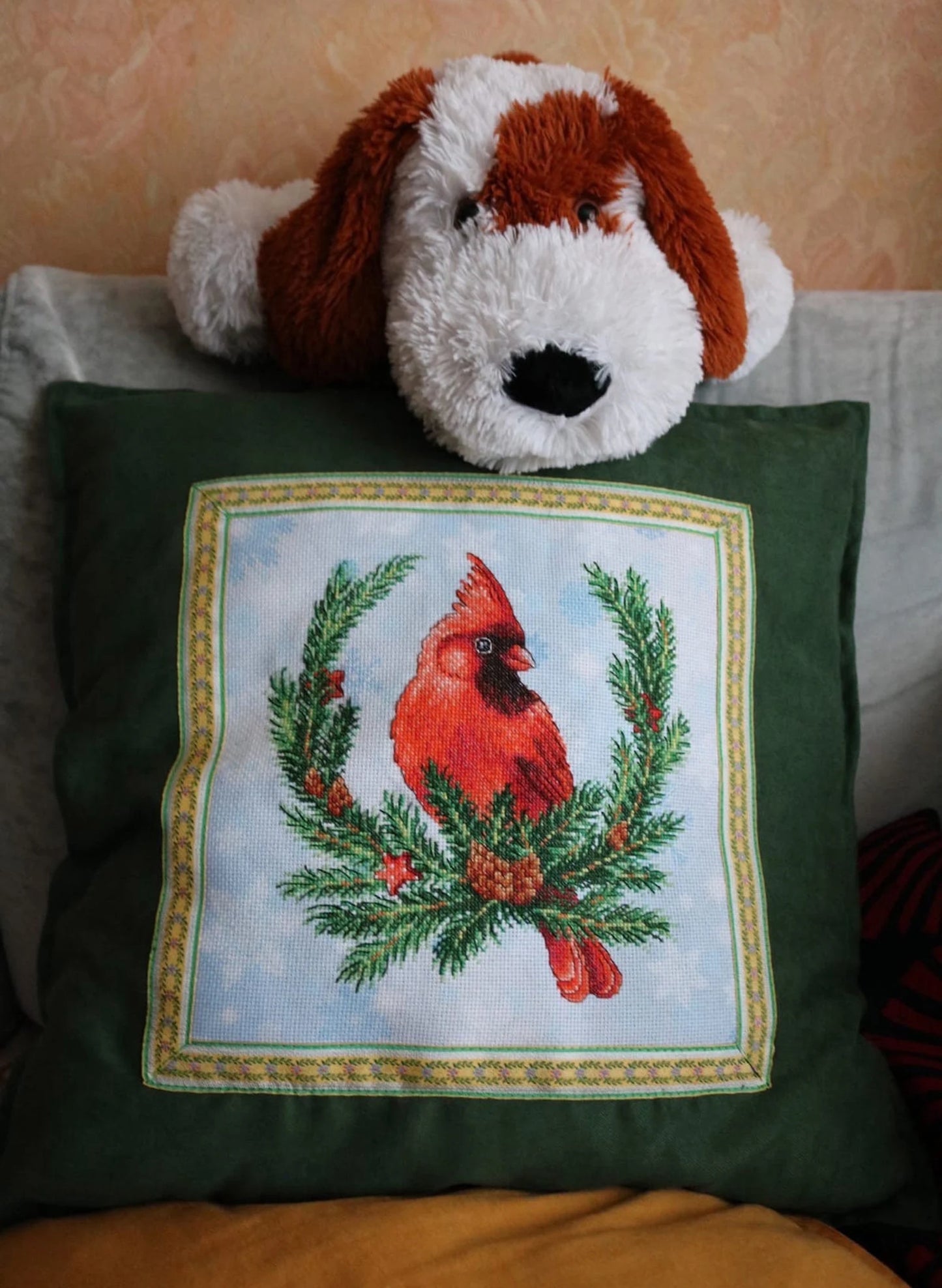 Cross Stitch Christmas Decor Spruce wreath with cardinal DMC Chart Printable PDF Instant Download