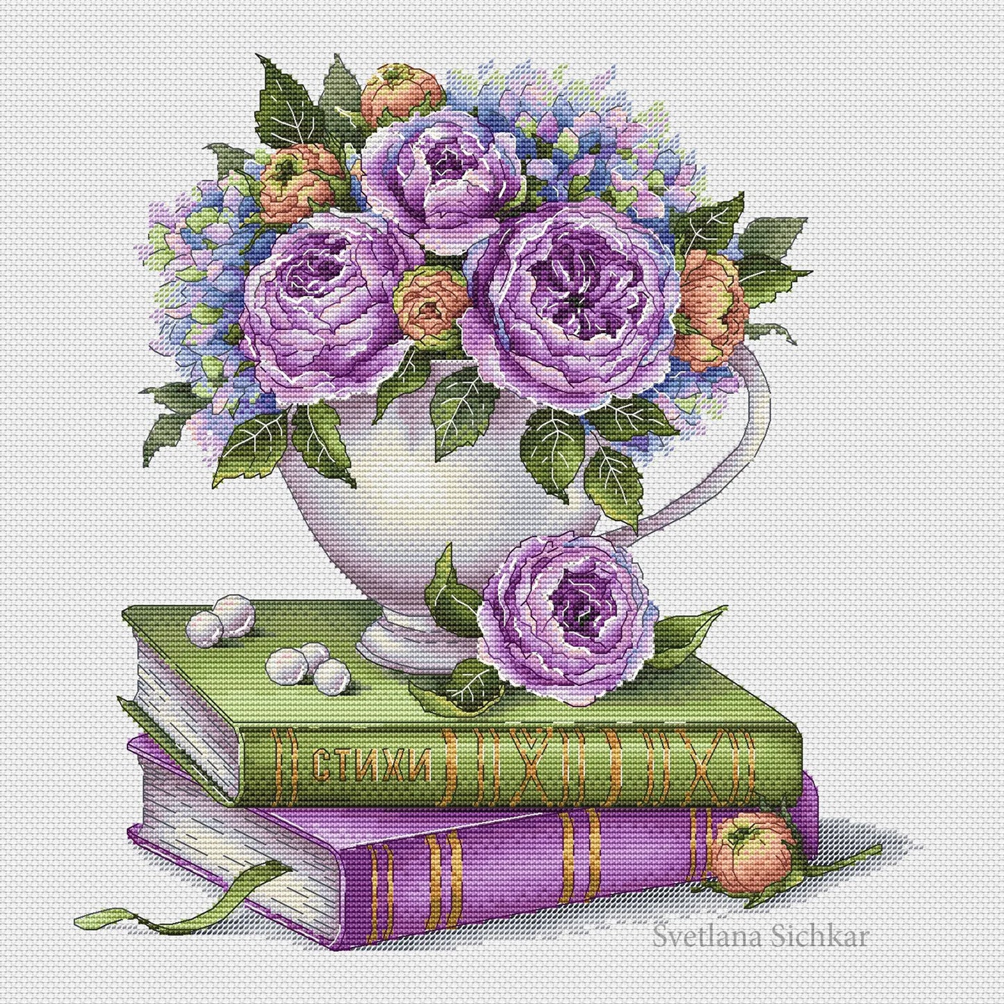 Rose Cross Stitch Pattern PDF, Book Cross Stitch Pattern, Flower Counted Cross Stitch Instant Download, Floral Bouquet, Home Decor Wall Art