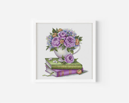 Rose Cross Stitch Pattern PDF, Book Cross Stitch Pattern, Flower Counted Cross Stitch Instant Download, Floral Bouquet, Home Decor Wall Art
