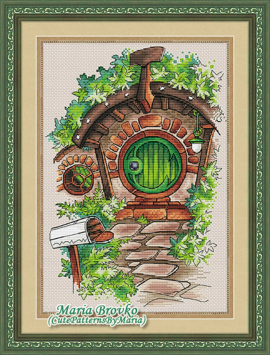 Cross Stitch Pattern Halfling's house with a green door DMC Chart Needlepoint Pattern Embroidery Chart Printable PDF Instant Download
