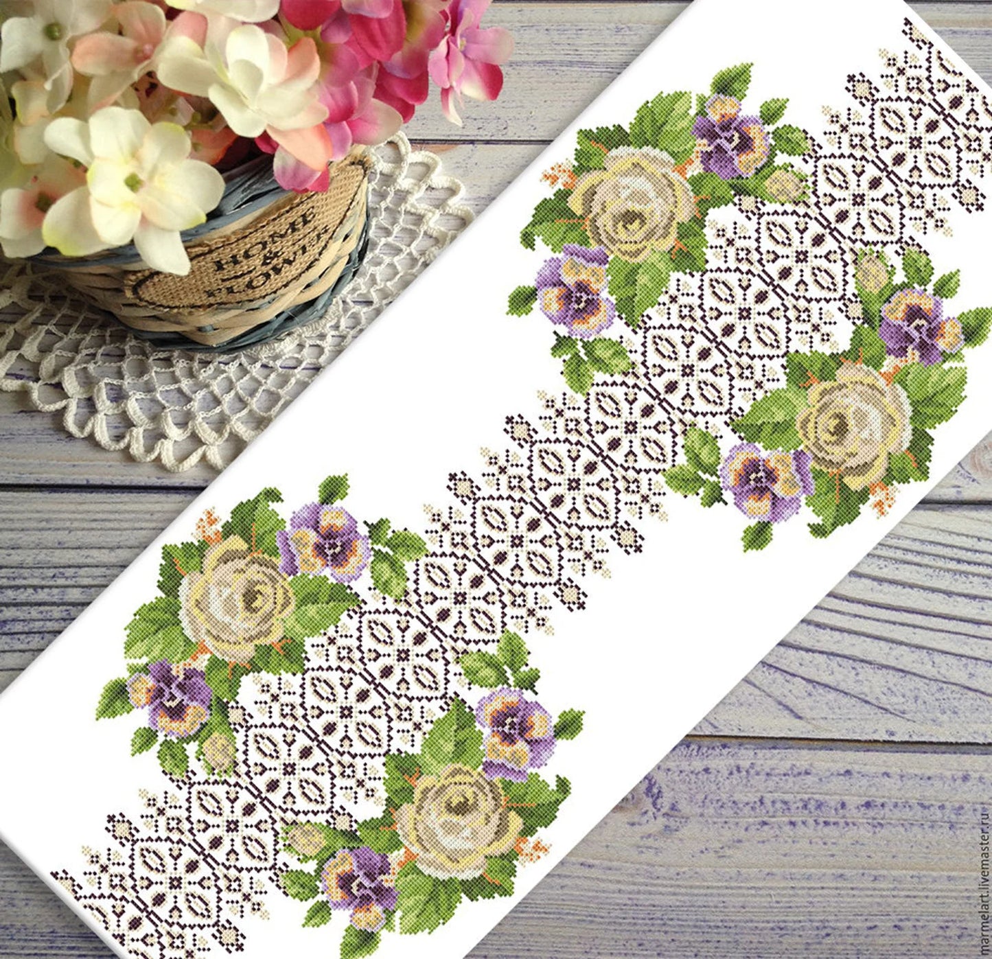Tablecloth with roses Cross Stitch Pattern Kitchen Table Runner Cross Stitch Pattern Kitchen Decor Hand Embroidery Counted cross stitch