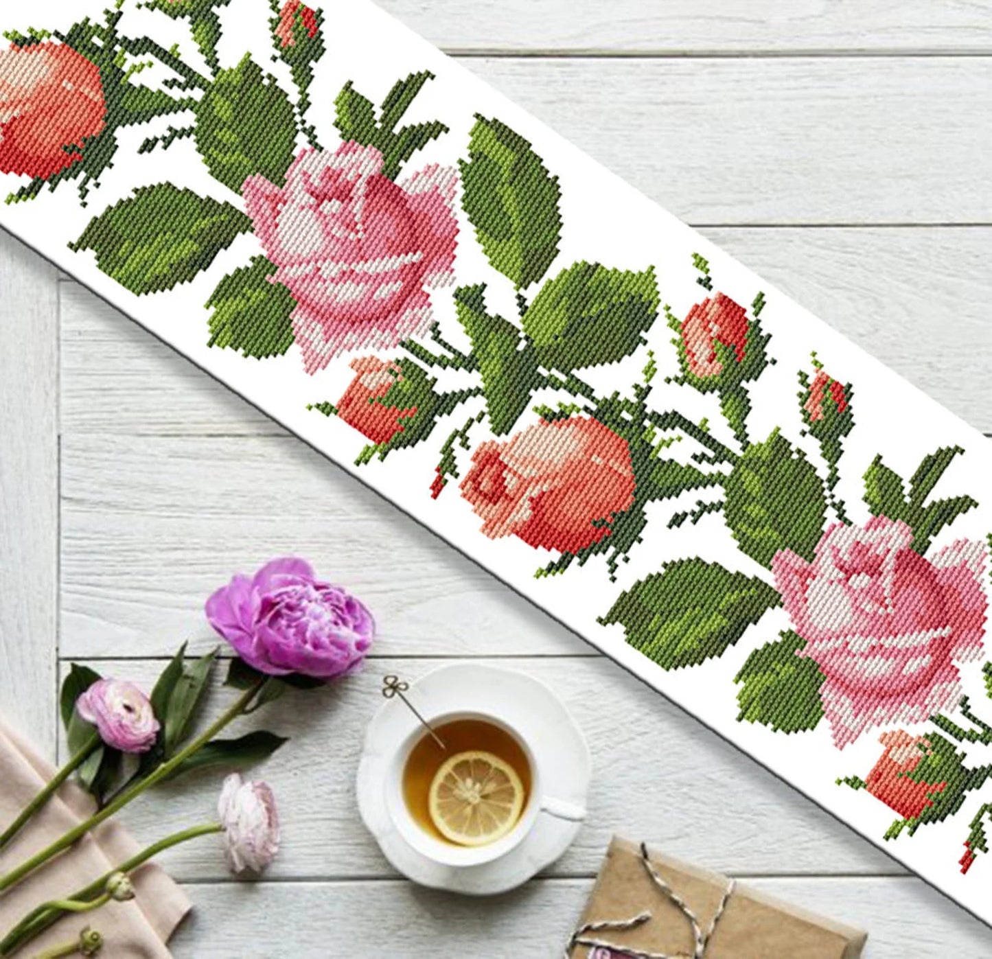 Tablecloth with pink roses Cross Stitch Pattern Kitchen Table Runner Cross Stitch Pattern Kitchen Decor Hand Embroidery Counted cross stitch