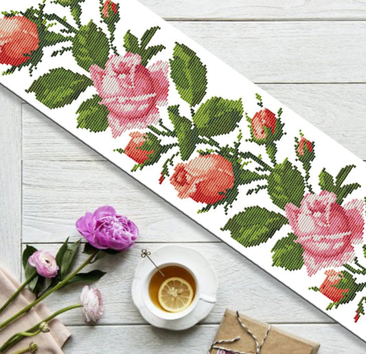 Tablecloth with pink roses Cross Stitch Pattern Kitchen Table Runner Cross Stitch Pattern Kitchen Decor Hand Embroidery Counted cross stitch