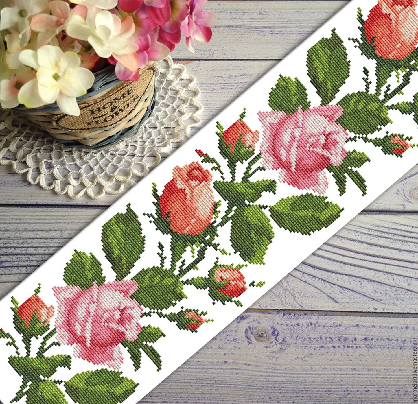 Tablecloth with pink roses Cross Stitch Pattern Kitchen Table Runner Cross Stitch Pattern Kitchen Decor Hand Embroidery Counted cross stitch