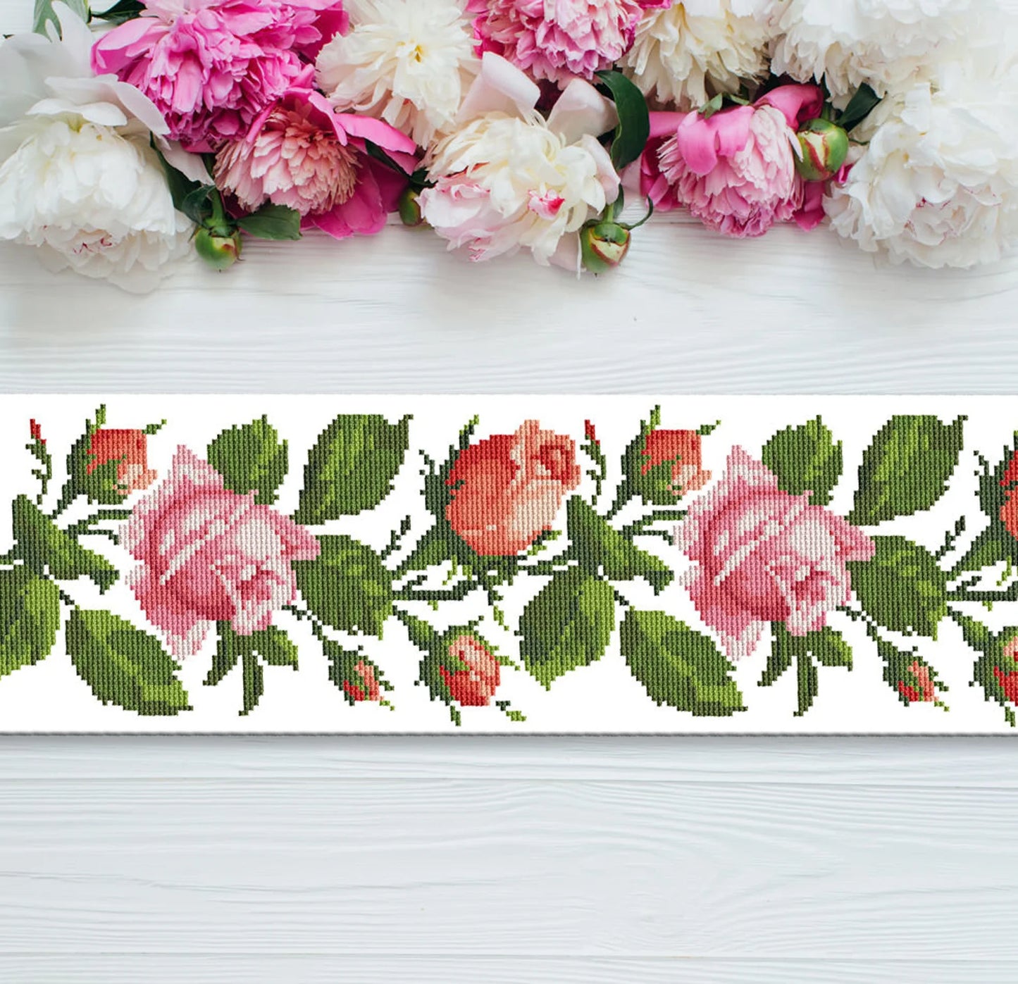 Tablecloth with pink roses Cross Stitch Pattern Kitchen Table Runner Cross Stitch Pattern Kitchen Decor Hand Embroidery Counted cross stitch