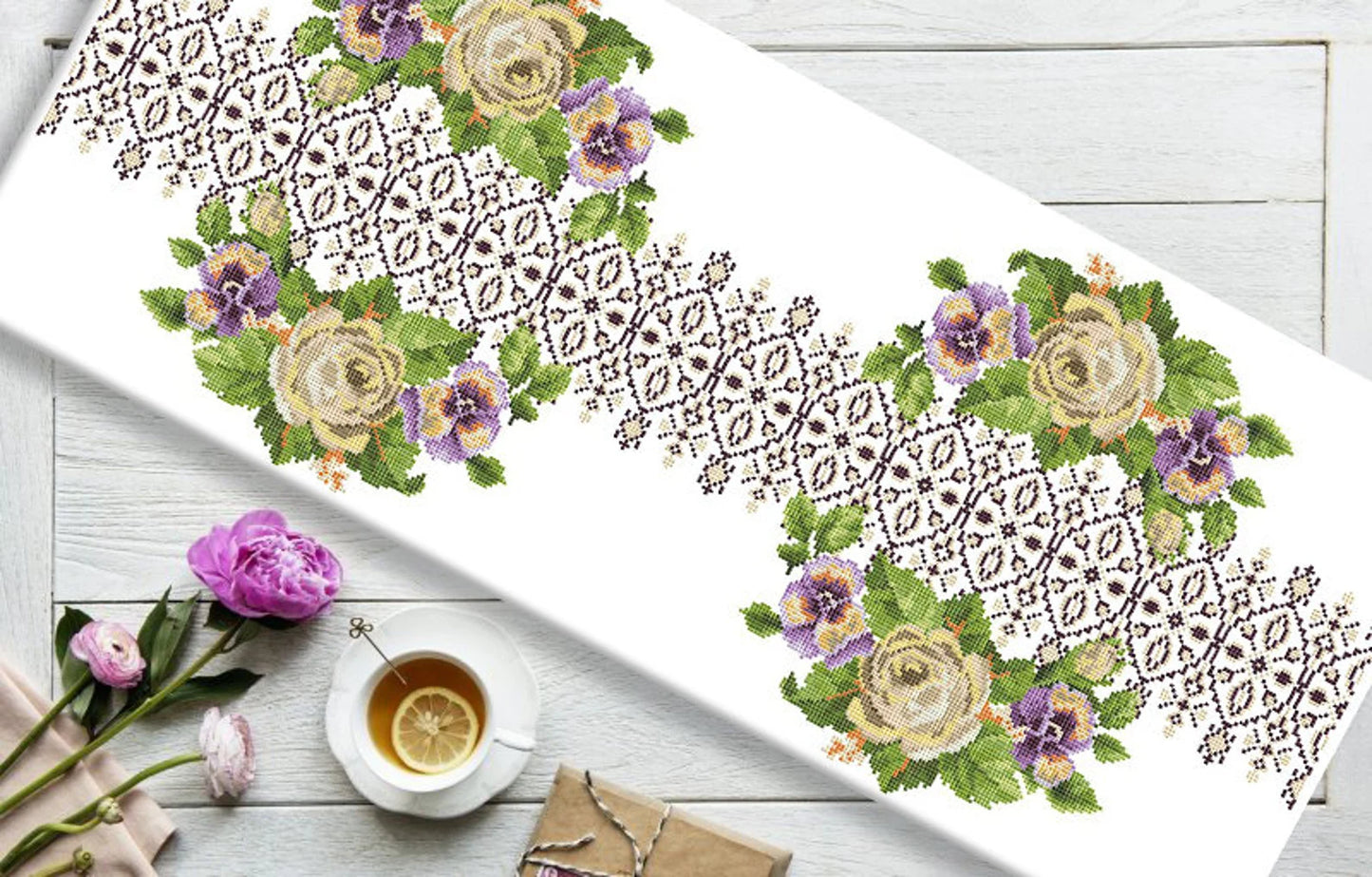 Tablecloth with roses Cross Stitch Pattern Kitchen Table Runner Cross Stitch Pattern Kitchen Decor Hand Embroidery Counted cross stitch