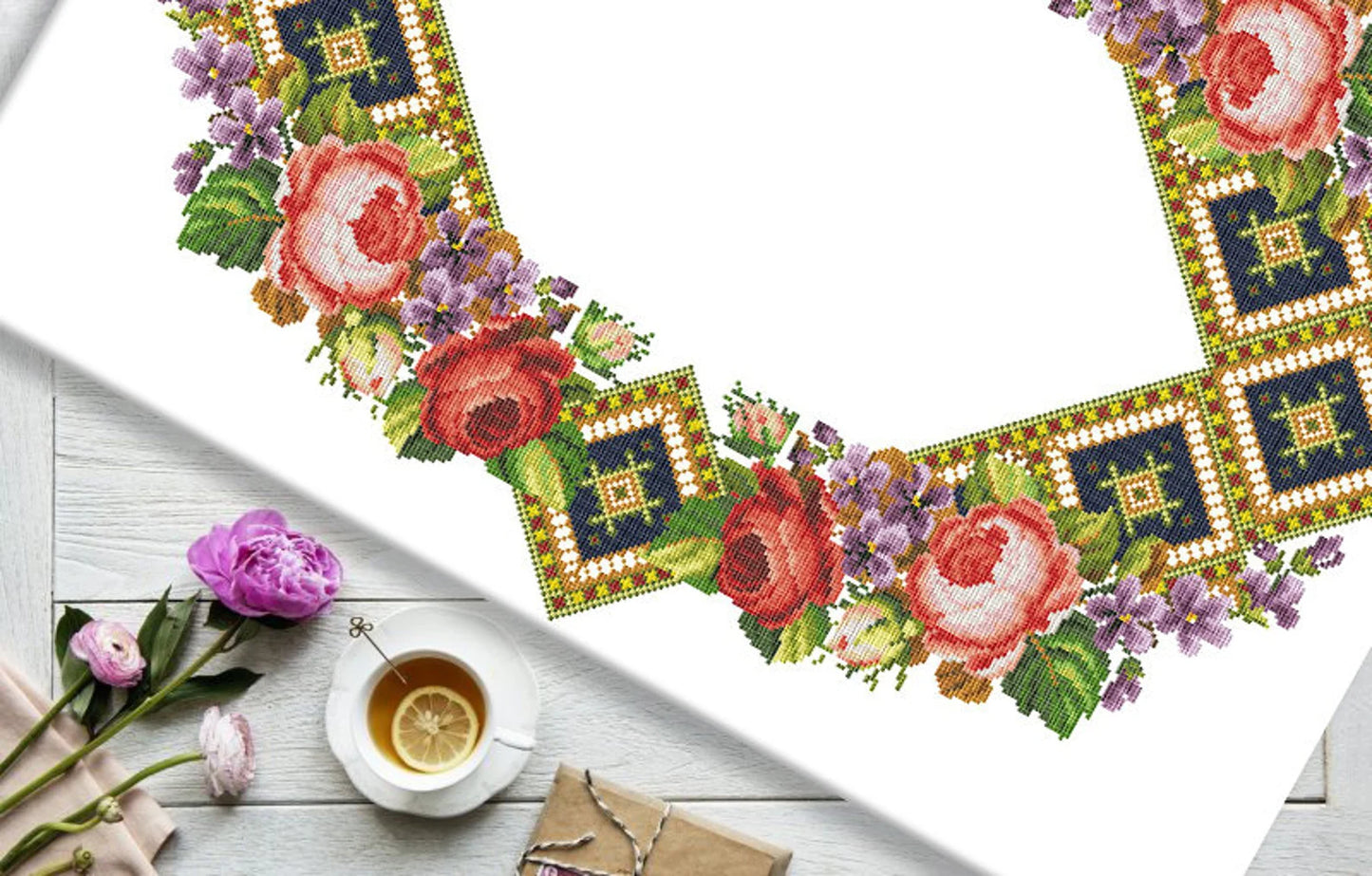 Tablecloth with red roses Cross Stitch Pattern Kitchen Table Runner Cross Stitch Pattern Kitchen Decor Hand Embroidery Counted cross stitch