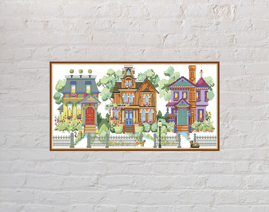 Cross stitch pattern Summer Street, house cross stitch, nature embroidery, PDF file, printable, summer cross stitch, vintage cross stitch