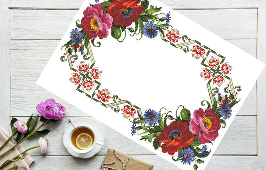 Tablecloth with red roses Cross Stitch Pattern Kitchen Table Runner Cross Stitch Pattern Kitchen Decor Hand Embroidery Counted cross stitch